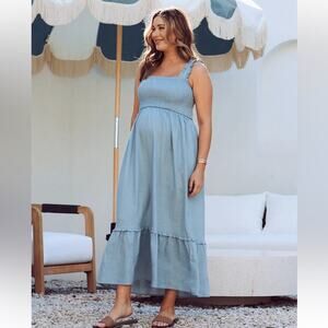 Margot Maternity Shirred Dress in Light Blue Midi Size Large NWT